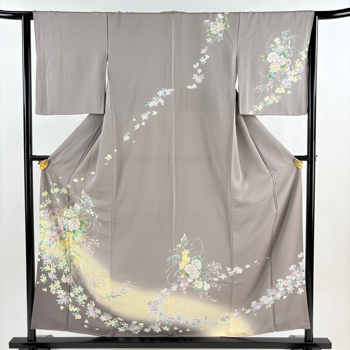 訪問着 身丈157 cm 裄丈64 M 袷 草花 金彩 ぼかし 灰色 正絹 秀品