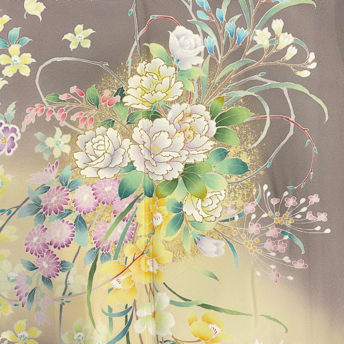  訪問着 身丈157 cm 裄丈64 M 袷 草花 金彩 ぼかし 灰色 正絹 秀品 訪問着 付け下げ 着物