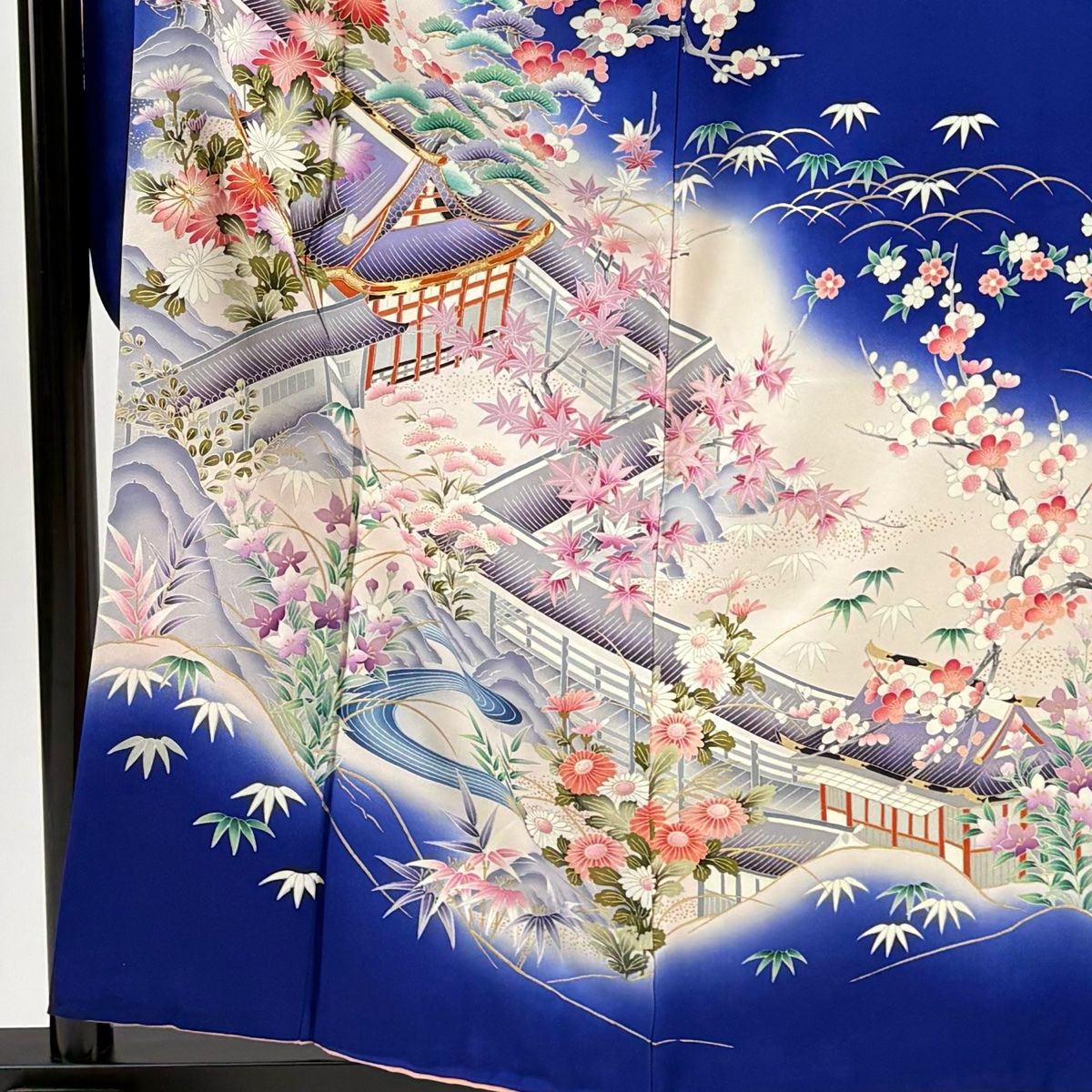 振袖 身丈160.5 cm 裄丈66 M 袷 御所風景 松竹梅 金糸 金彩 青 正絹 秀品