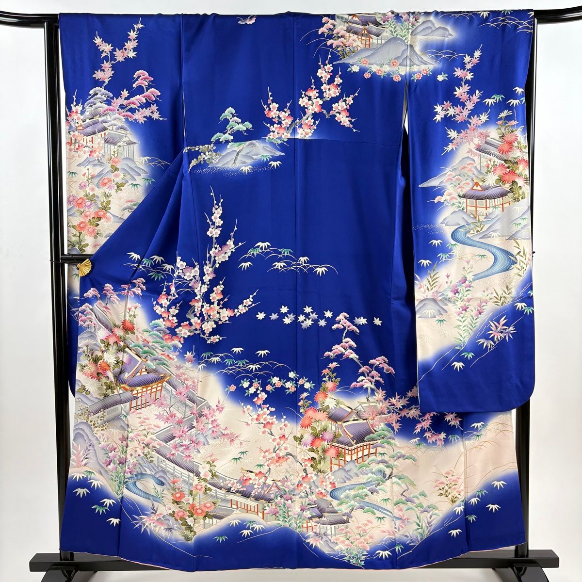 振袖 身丈160.5 cm 裄丈66 M 袷 御所風景 松竹梅 金糸 金彩 青 正絹 秀品