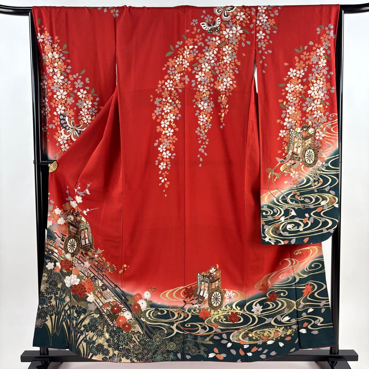 振袖 身丈159 cm 裄丈66 M 袷 御所車 草花 金糸 金銀彩 赤 正絹 秀品