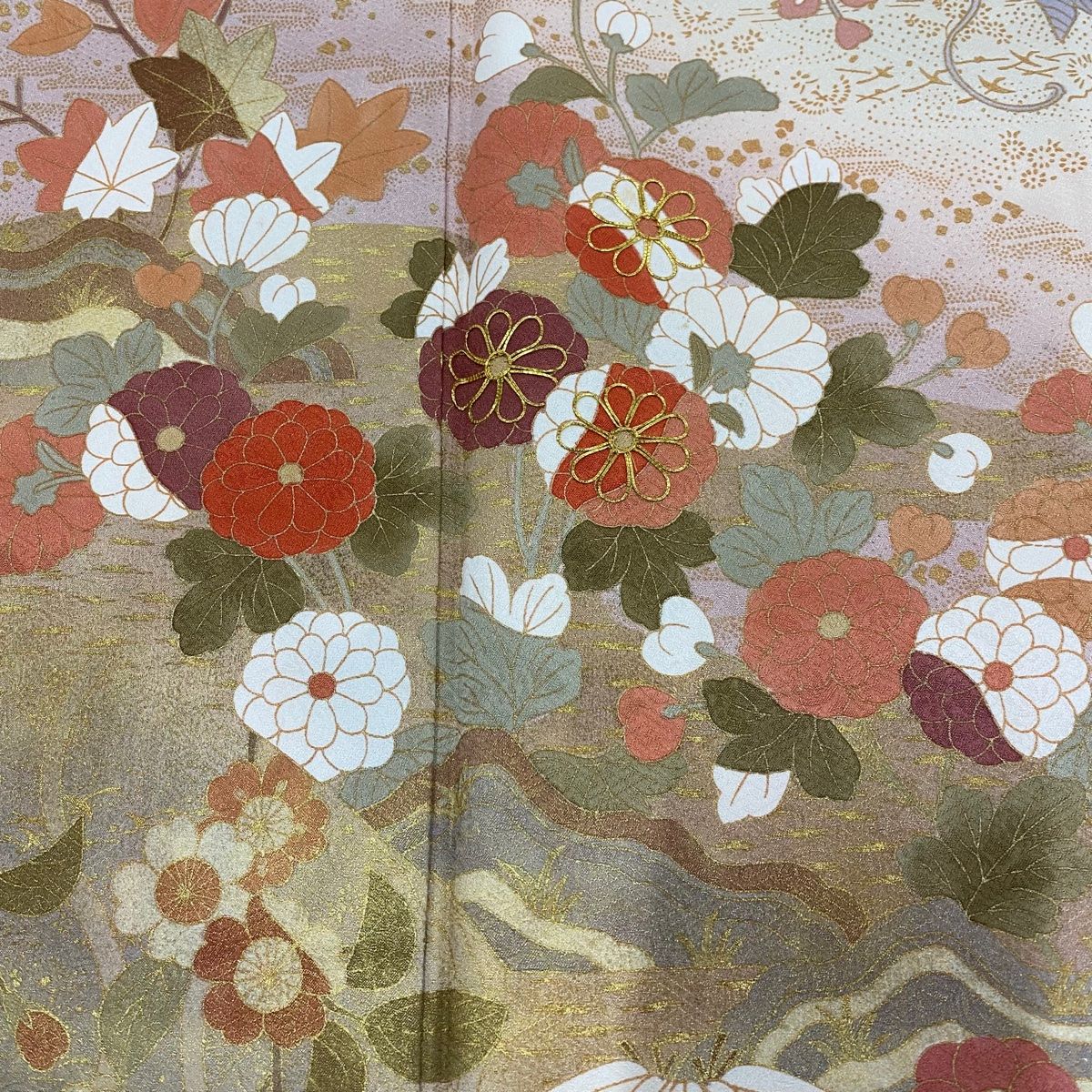  訪問着 身丈165 cm 裄丈64 M 袷 松竹梅 草花 金糸 金彩 薄オレンジ 正絹 秀品 訪問着 付け下げ 着物