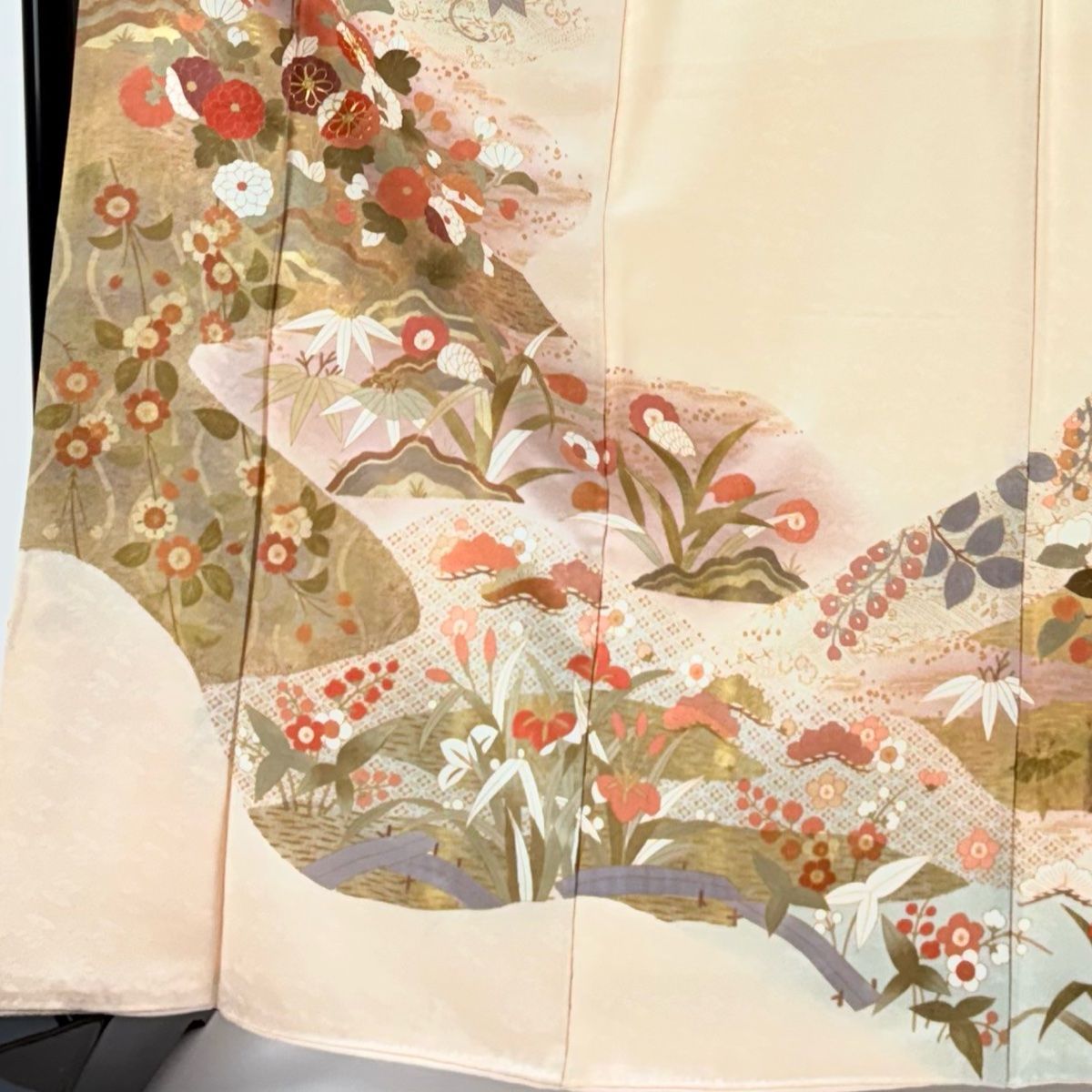 訪問着 身丈165 cm 裄丈64 M 袷 松竹梅 草花 金糸 金彩 薄オレンジ 正絹 秀品