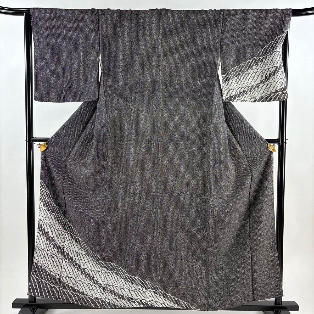 付下げ 身丈158 5 cm 裄丈67 M 袷 波 縦縞 黒灰 正絹 秀品