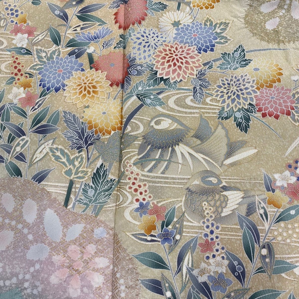 訪問着 身丈160cm 裄丈63.5cm S 袷 草花 鴛鴦 金彩 絞り 薄緑 正絹 秀