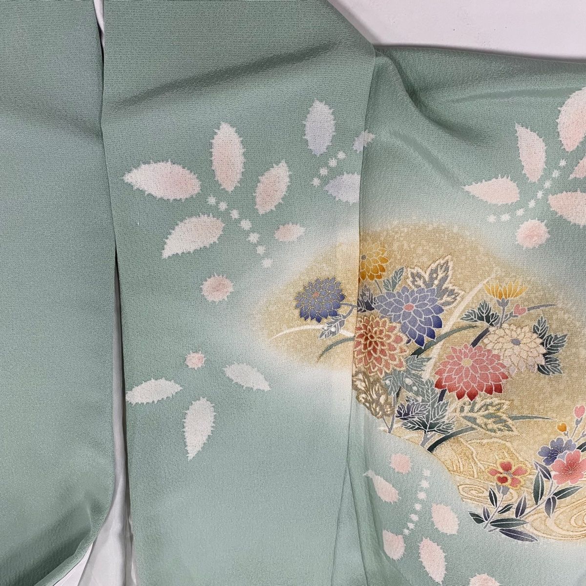  訪問着 身丈160 cm 裄丈63 5 S 袷 草花 鴛鴦 金彩 絞り 薄緑 正絹 秀品 訪問着 付け下げ 着物