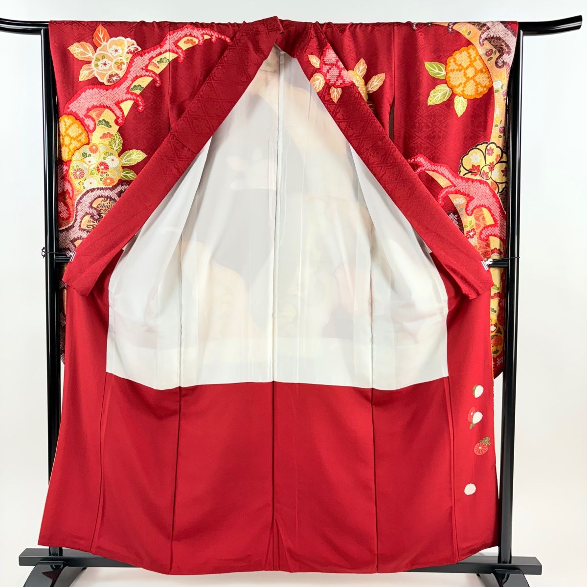  振袖 身丈160 cm 裄丈66 M 袷 波頭 草花 金糸 金彩 赤 正絹 秀品 振袖 着物