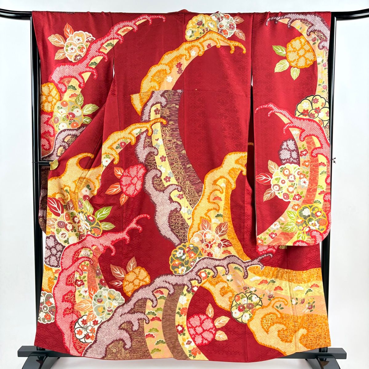 振袖 身丈160 cm 裄丈66 M 袷 波頭 草花 金糸 金彩 赤 正絹 秀品