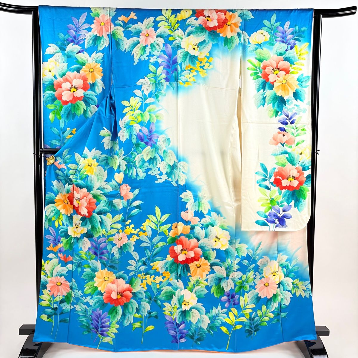 振袖 身丈166 5 cm 裄丈63 S 袷 草花 ぼかし 水色 正絹 秀品