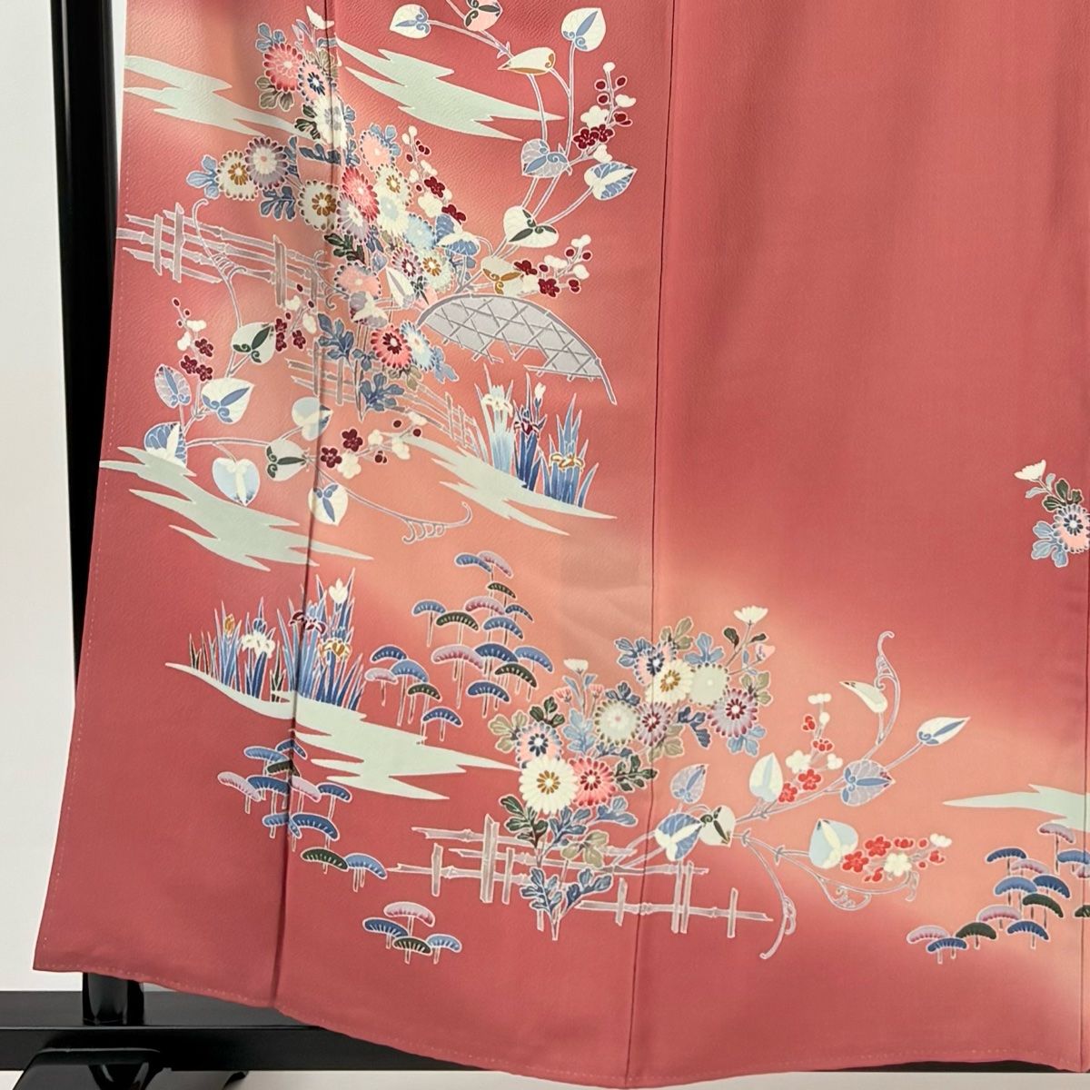 訪問着 身丈158 cm 裄丈66 M 袷 景山 落款 草花 霞 ぼかし 小豆色 正絹 秀品 一つ紋