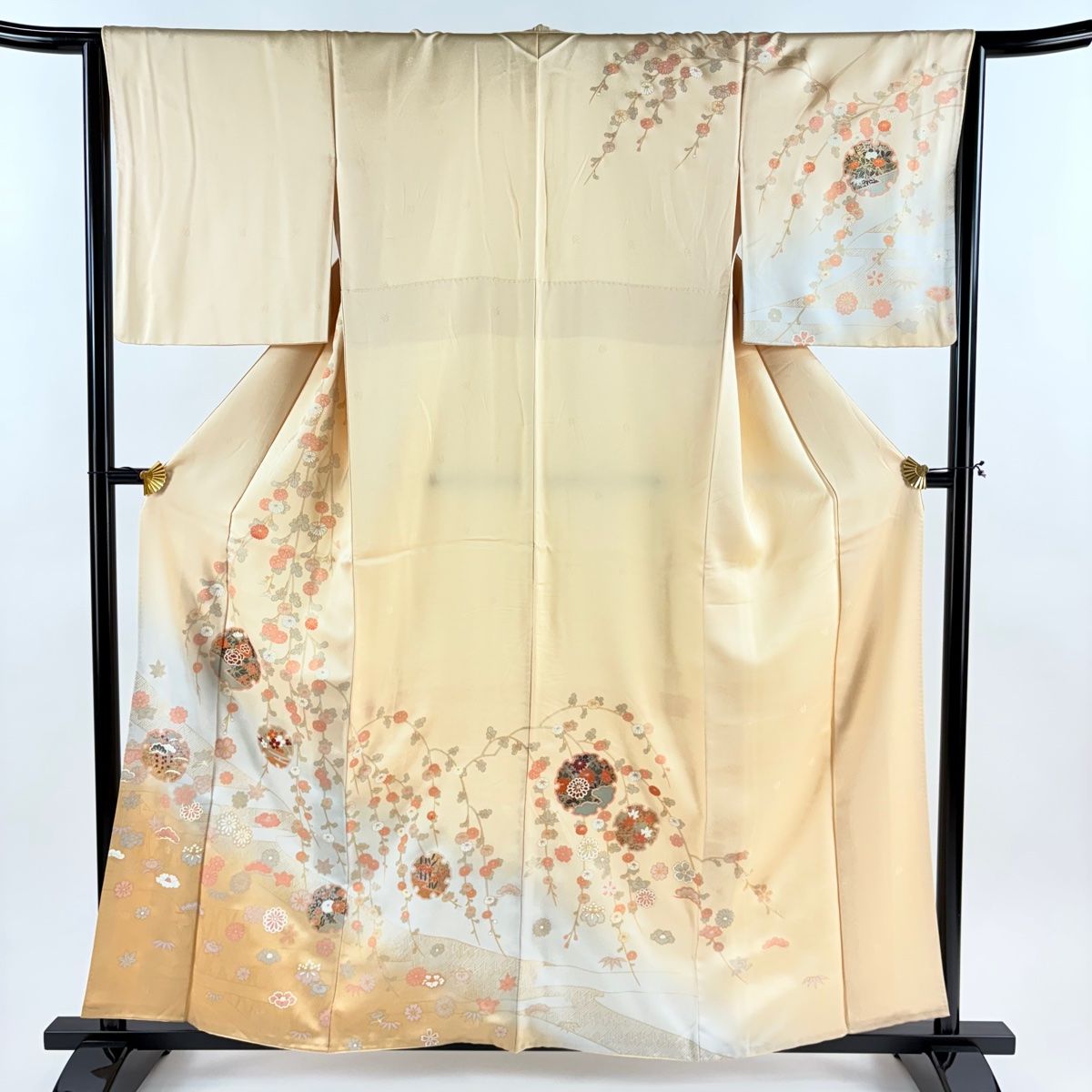 訪問着 身丈157 cm 裄丈65 M 袷 雪輪 松竹梅 金銀彩 染め分け 薄オレンジ 正絹 秀品