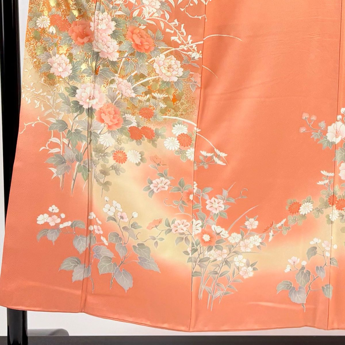 訪問着 身丈154 cm 裄丈63 S 袷 牡丹 菊 金彩 ぼかし サーモンピンク 正絹 秀品