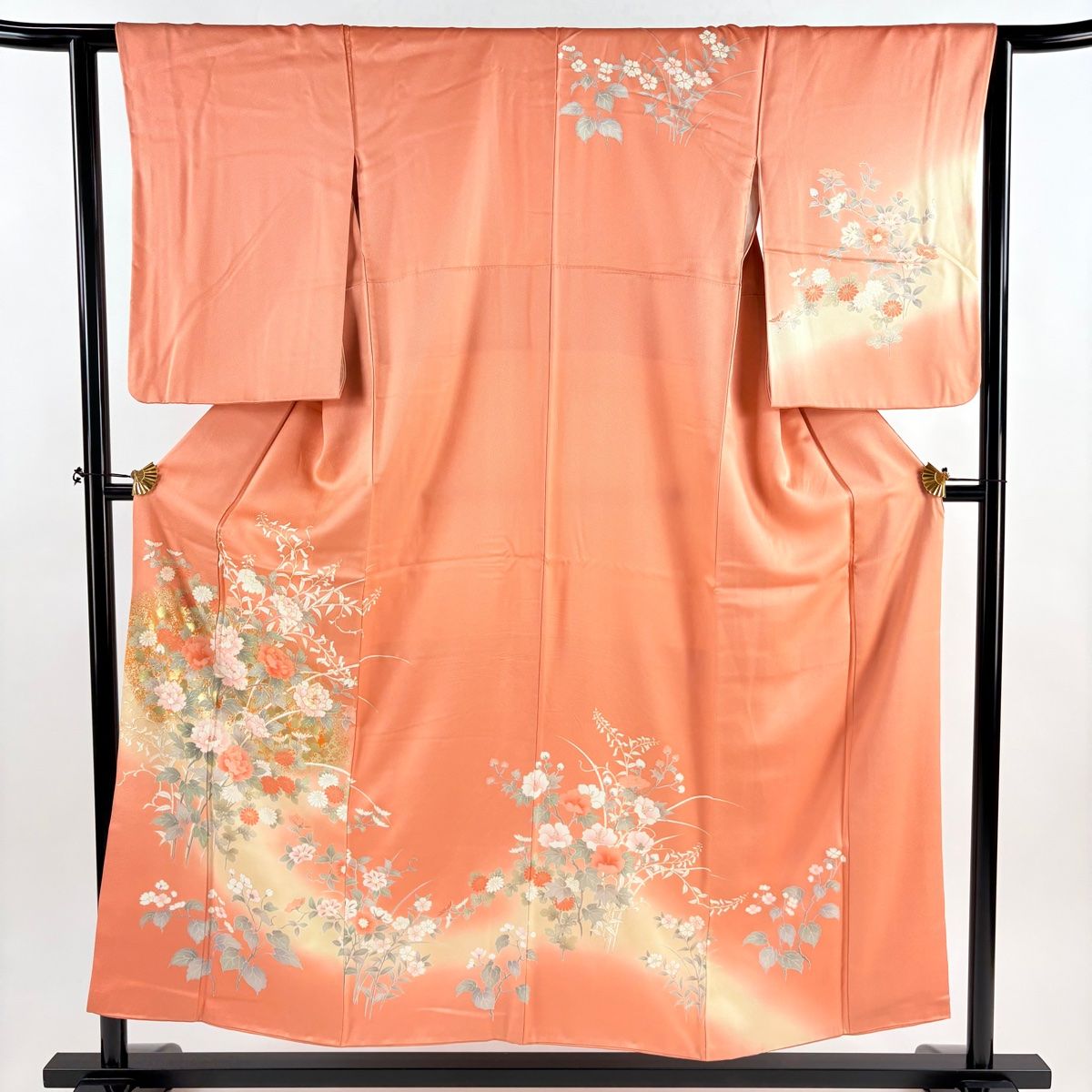 訪問着 身丈154 cm 裄丈63 S 袷 牡丹 菊 金彩 ぼかし サーモンピンク 正絹 秀品