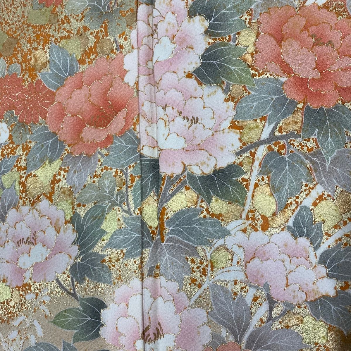  訪問着 身丈154 cm 裄丈63 S 袷 牡丹 菊 金彩 ぼかし サーモンピンク 正絹 秀品 訪問着 付け下げ 着物