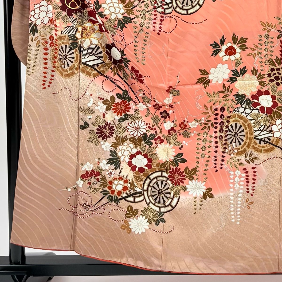 振袖 身丈156 5 cm 裄丈66 M 袷 花車 牡丹 金糸 金彩 ピンク 正絹 秀品