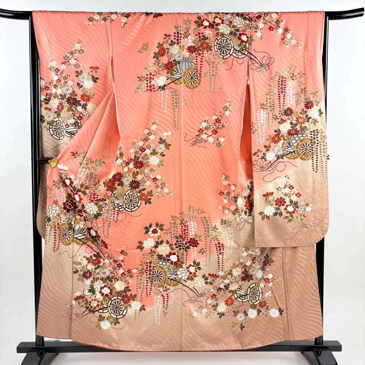 振袖 身丈156 5 cm 裄丈66 M 袷 花車 牡丹 金糸 金彩 ピンク 正絹 秀品