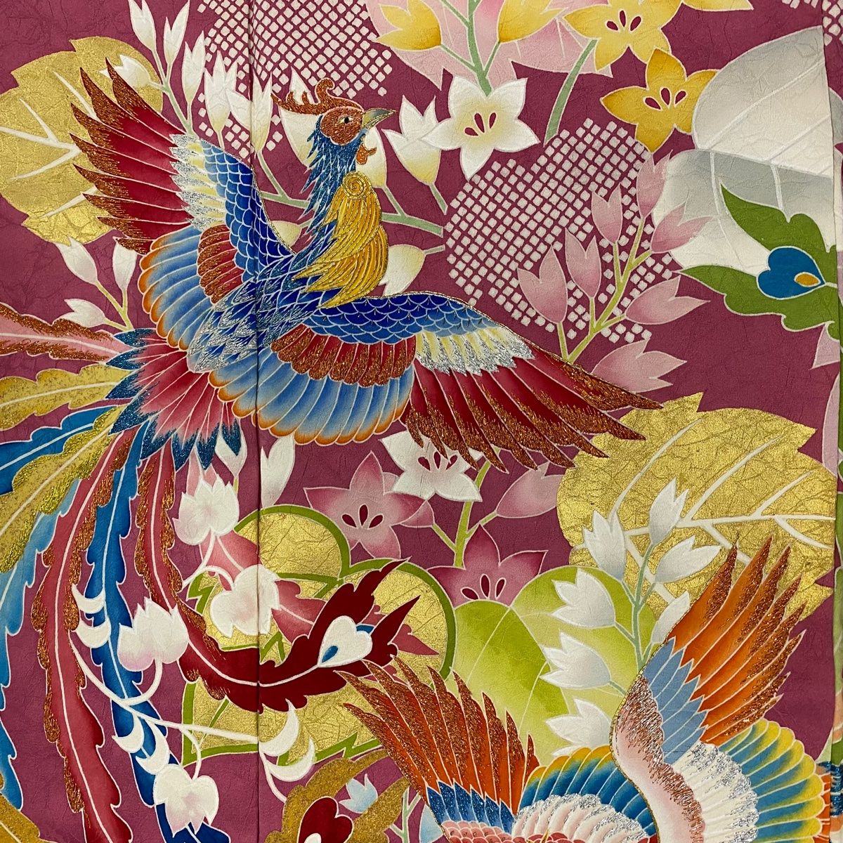  振袖 身丈167 cm 裄丈68 L 袷 鳳凰 草花 金糸 箔 ピンク 正絹 秀品 一つ紋 振袖 着物