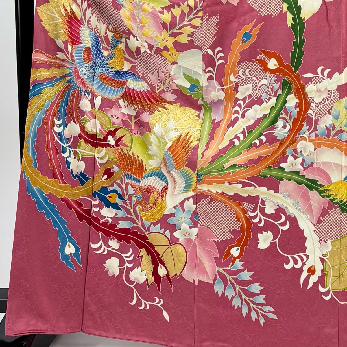振袖 身丈167cm 裄丈68cm L 袷 鳳凰 草花 金糸 箔 ピンク 正絹 秀品 一