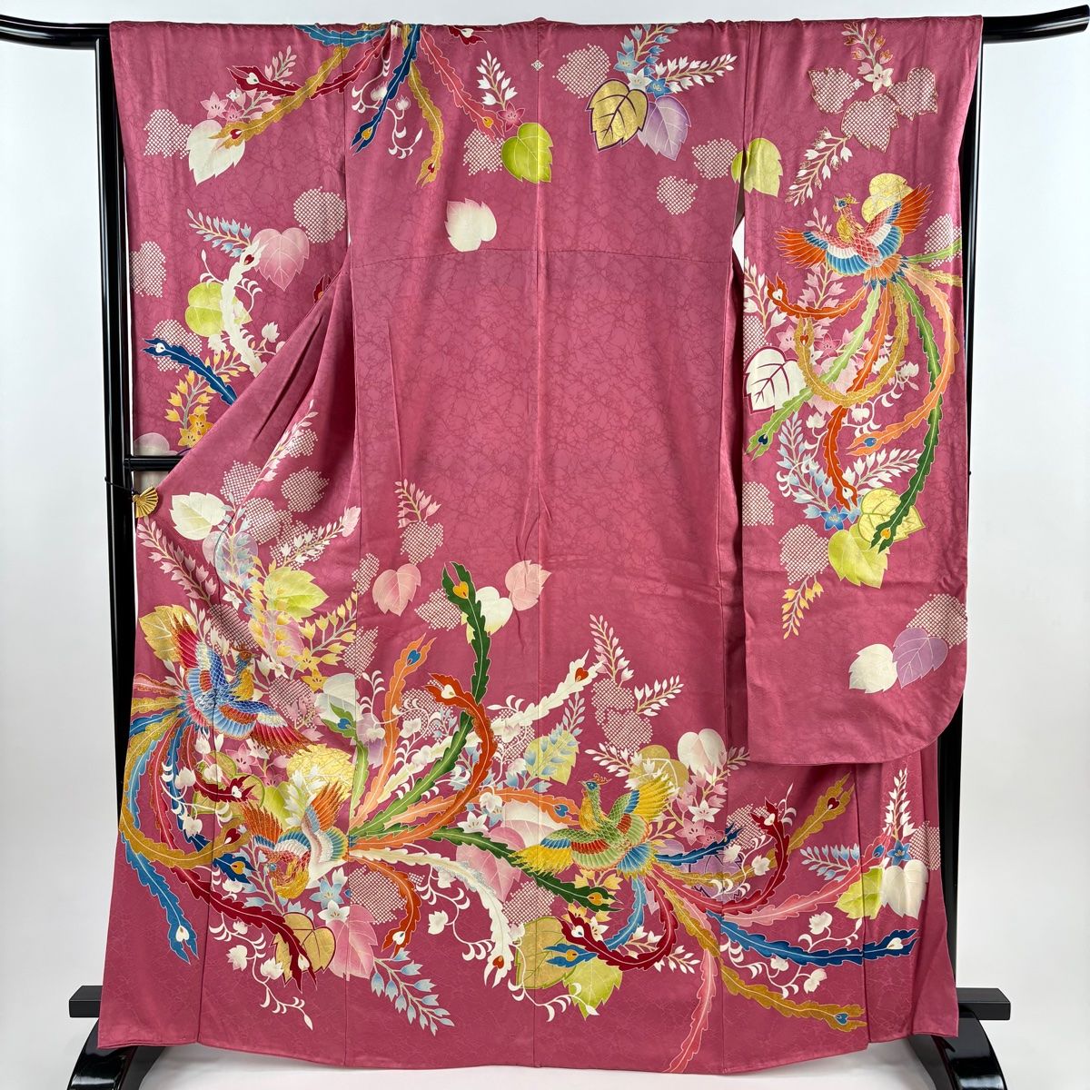 振袖 身丈167cm 裄丈68cm L 袷 鳳凰 草花 金糸 箔 ピンク 正絹 秀品 一