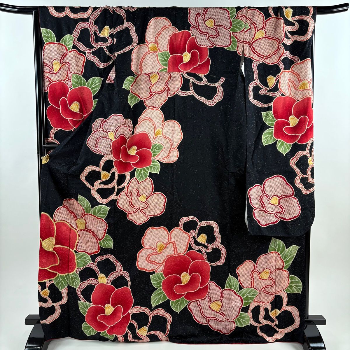 振袖 身丈170 cm 裄丈69.5 L 袷 椿 金糸 銀通し 黒 正絹 秀品