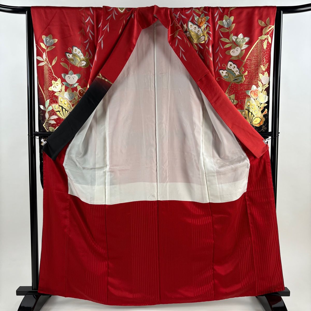  振袖 身丈164 cm 裄丈64 5 M 袷 蝶 橘 金銀彩 染め分け 赤 正絹 秀品 振袖 着物