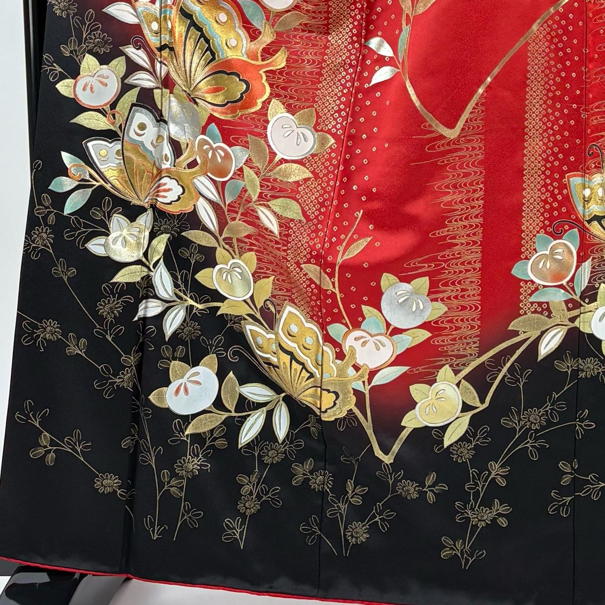 振袖 身丈164 cm 裄丈64 5 M 袷 蝶 橘 金銀彩 染め分け 赤 正絹 秀品