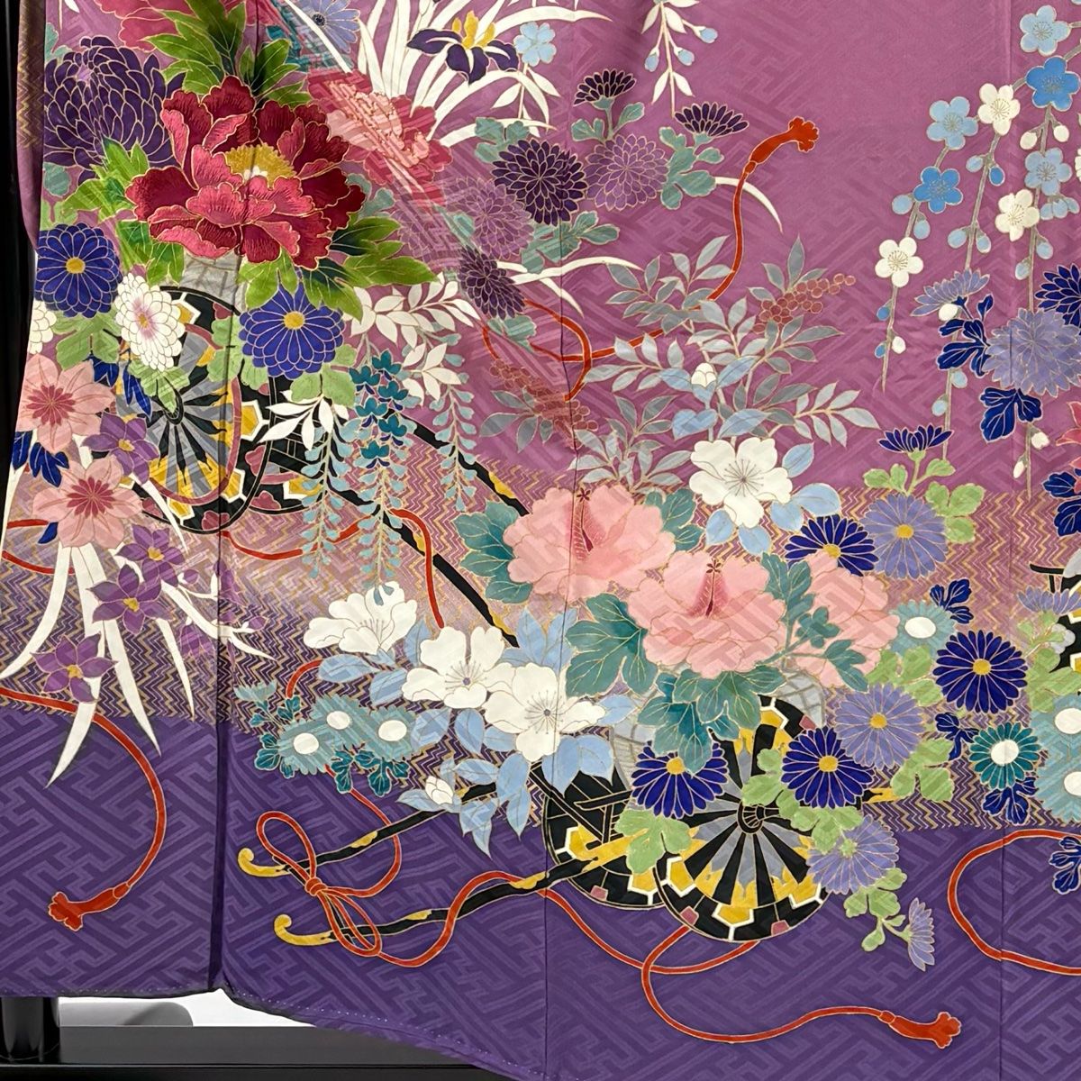 振袖 身丈157 cm 裄丈64 M 袷 花車 草花 金糸 刺繍 灰紫 正絹 秀品