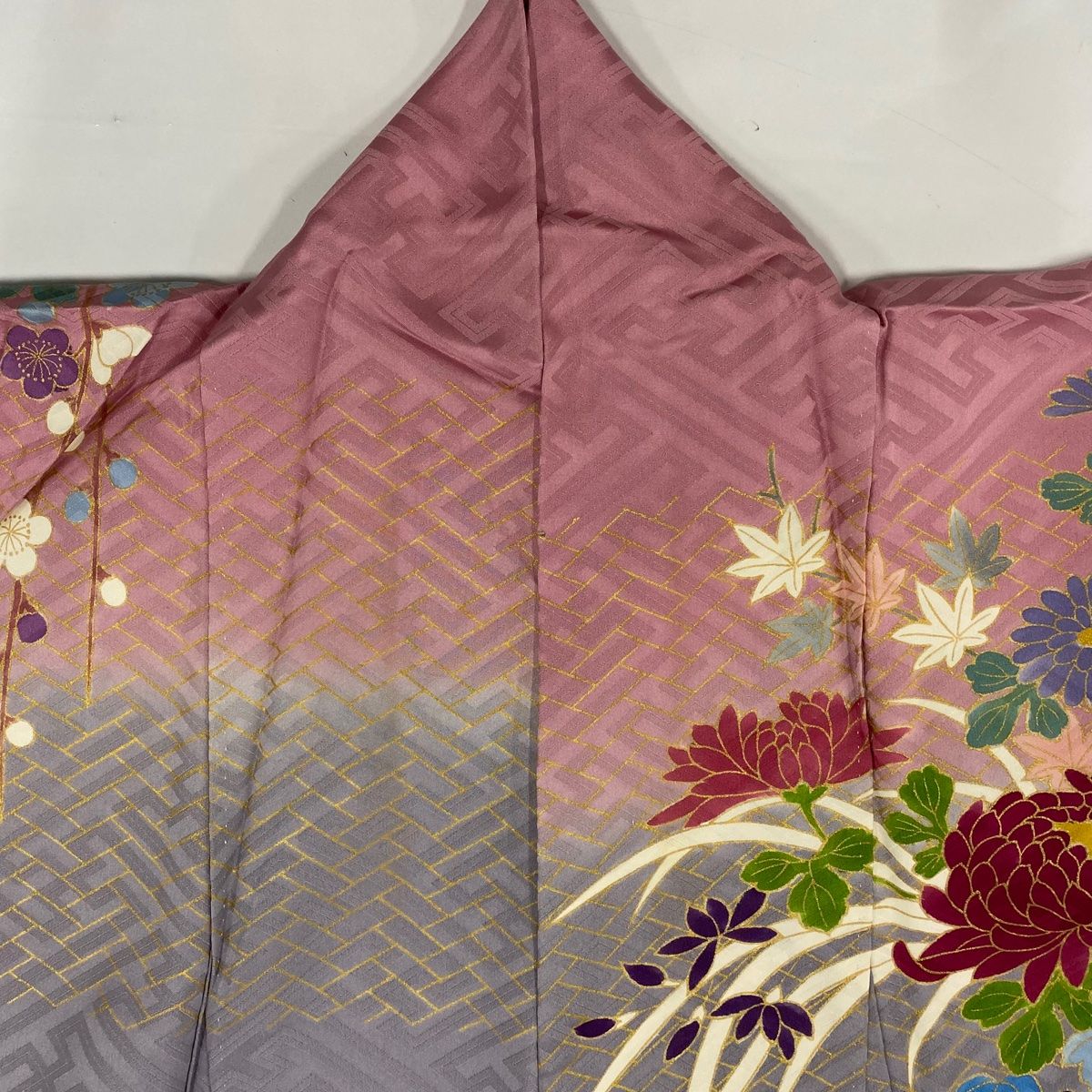  振袖 身丈157 cm 裄丈64 M 袷 花車 草花 金糸 刺繍 灰紫 正絹 秀品 振袖 着物