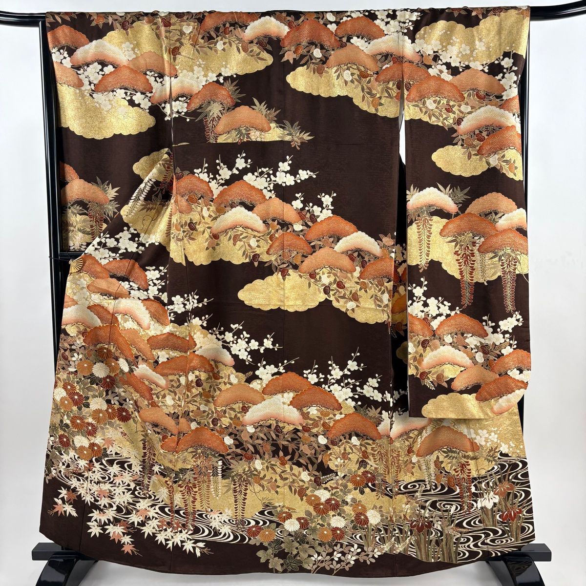 振袖 身丈161 cm 裄丈67 M 袷 松梅 菊 金糸 金彩 焦茶色 正絹 秀品