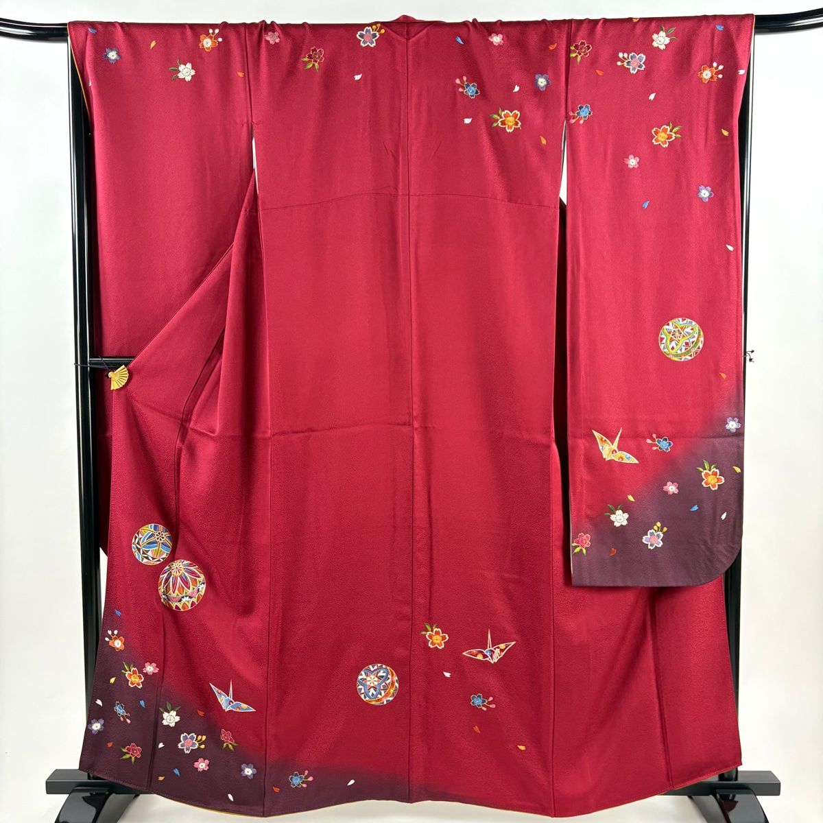 振袖 身丈160 cm 裄丈68 L 袷 手鞠 桜 金糸 刺繍 えんじ色 正絹 秀品