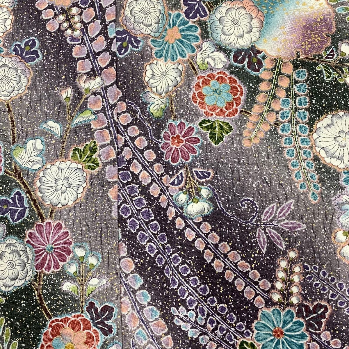  小紋 身丈152 cm 裄丈65 5 M 袷 草花 雪輪 金彩 ぼかし 灰紫 正絹 秀品 小紋 着物