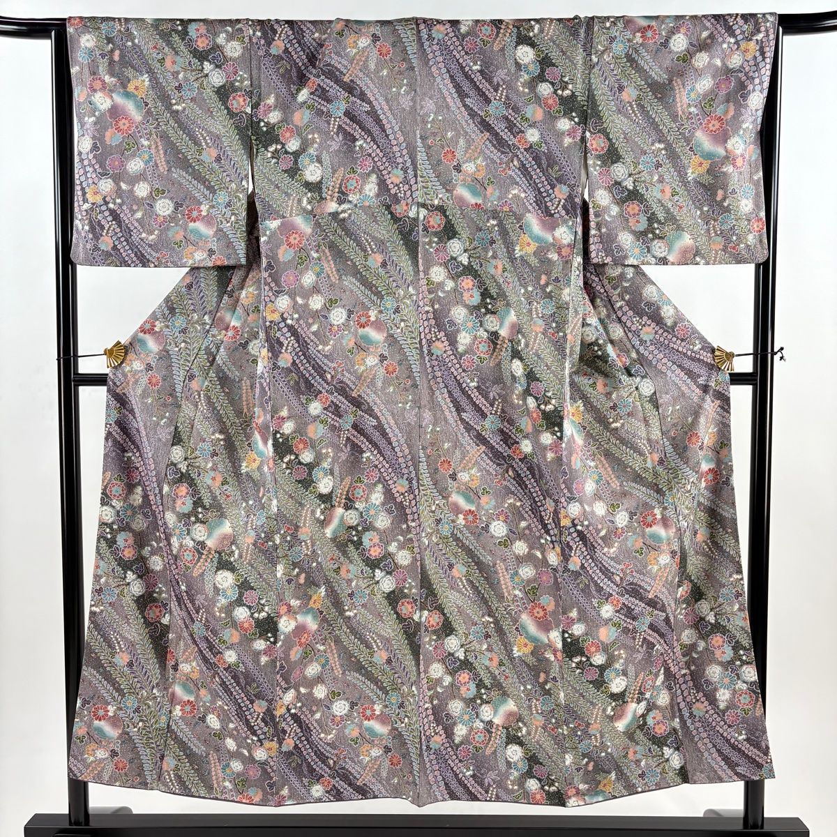 小紋 身丈152 cm 裄丈65 5 M 袷 草花 雪輪 金彩 ぼかし 灰紫 正絹 秀品