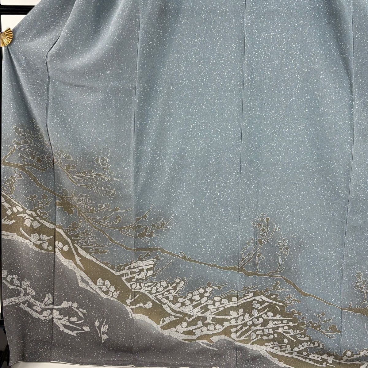 訪問着 身丈170 cm 裄丈66 M 袷 落款 枝花 幾何学模様 染め分け ぼかし 青灰色 正絹 秀品 一つ紋