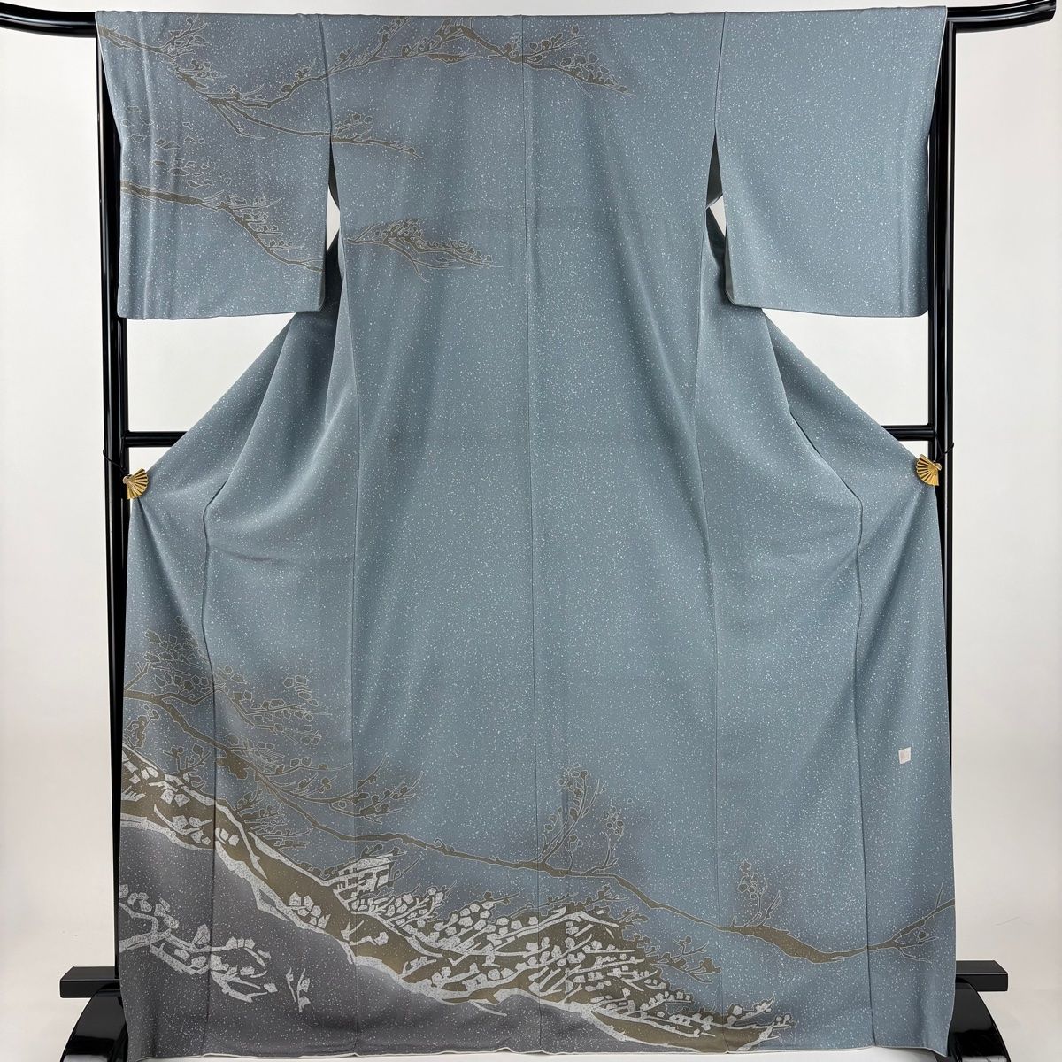 訪問着 身丈170 cm 裄丈66 M 袷 落款 枝花 幾何学模様 染め分け ぼかし 青灰色 正絹 秀品 一つ紋