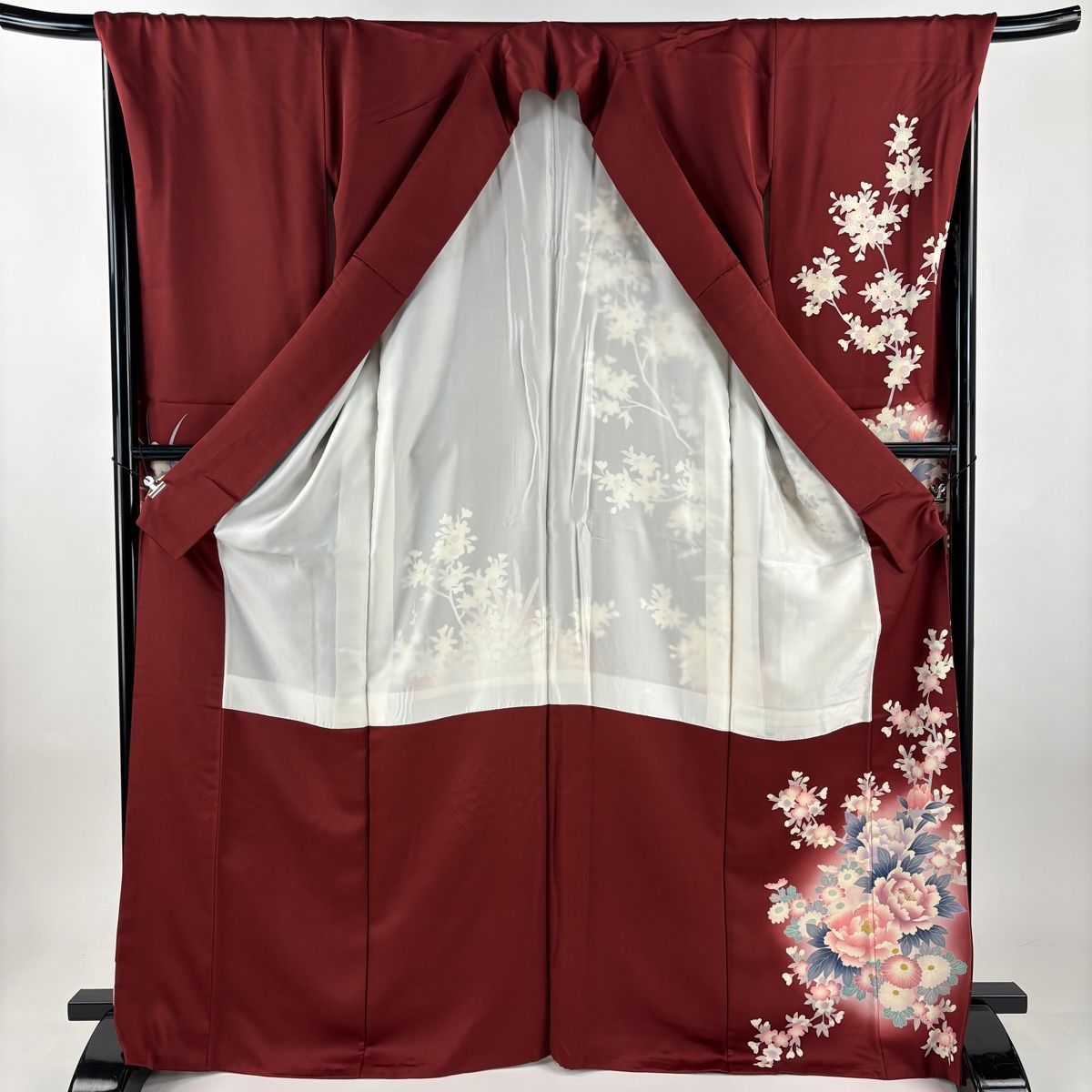  振袖 身丈167 cm 裄丈70 L 袷 鼓 牡丹 銀糸 ぼかし えんじ色 正絹 秀品 振袖 着物