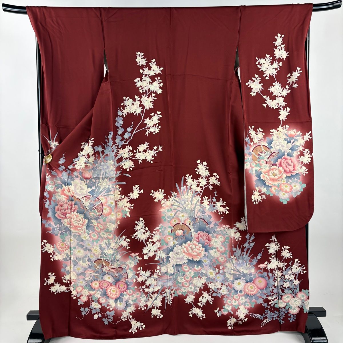 振袖 身丈167 cm 裄丈70 L 袷 鼓 牡丹 銀糸 ぼかし えんじ色 正絹 秀品