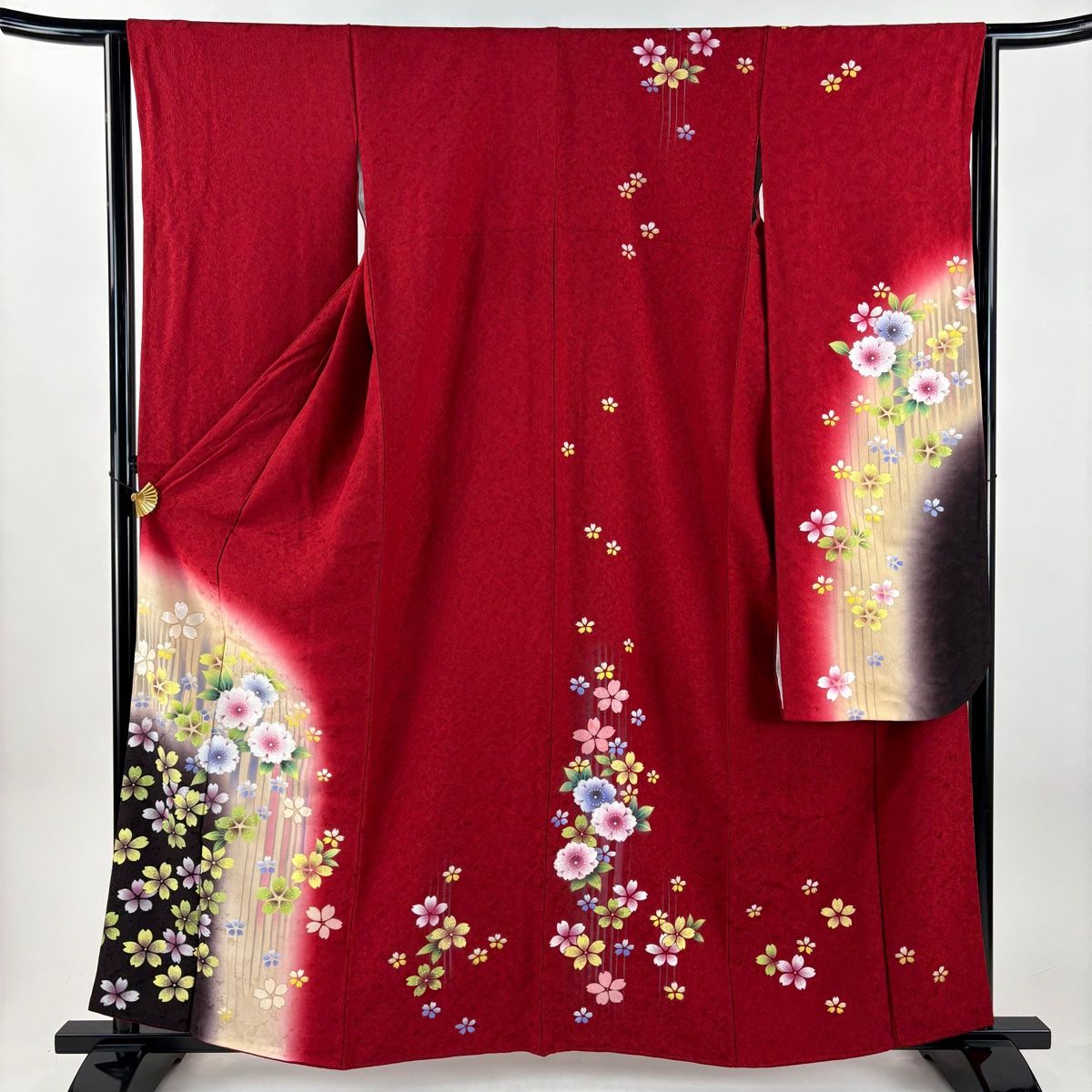 振袖 身丈160.5 cm 裄丈64 M 袷 桜 縞 金彩 ぼかし 赤 正絹 秀品