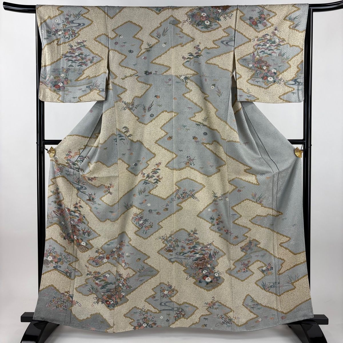 訪問着 身丈161 5 cm 裄丈66 M 袷 松竹梅 流水 絞り 金彩 青灰色 正絹 秀品