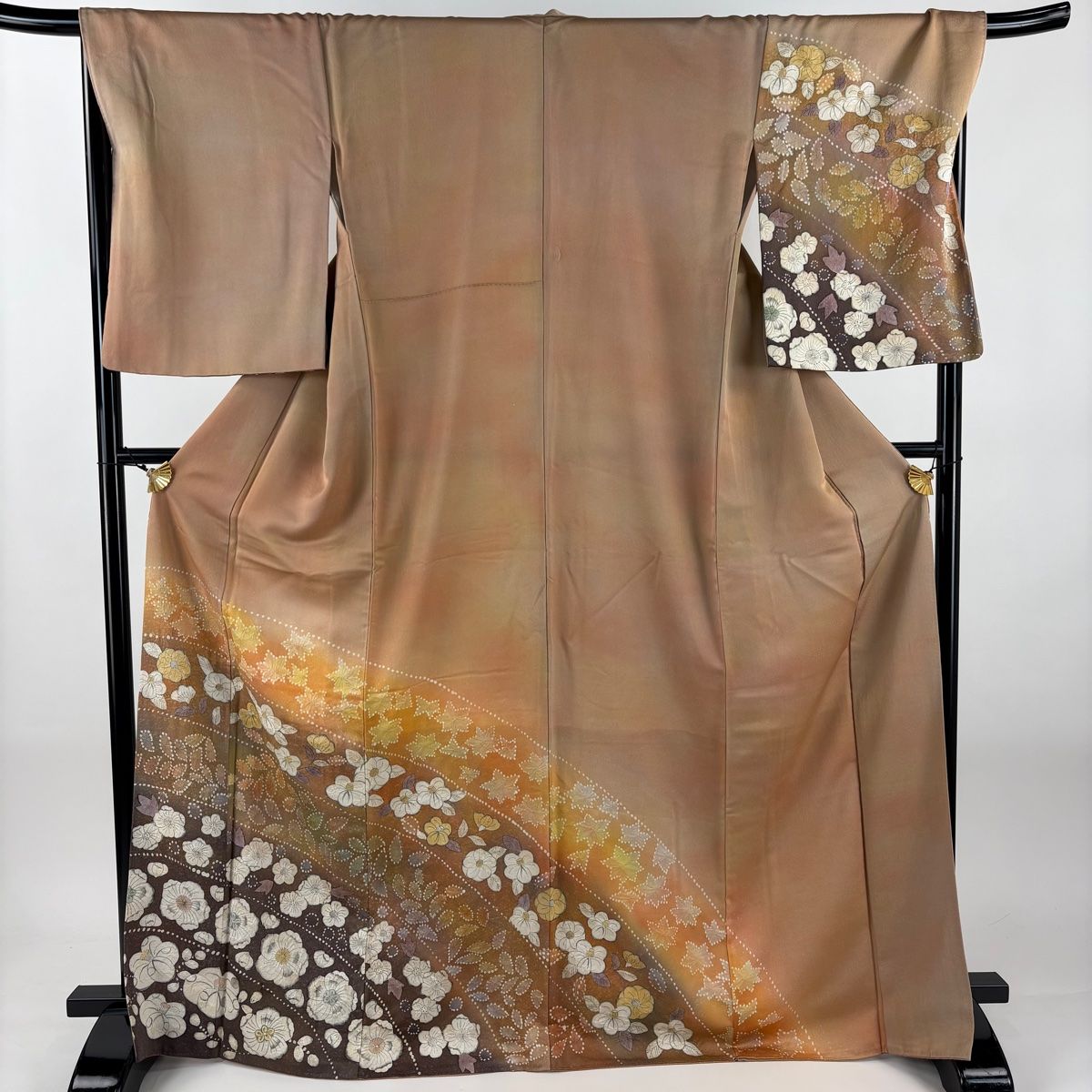 訪問着 身丈168 5 cm 裄丈69 L 袷 草花 金通し ぼかし 薄オレンジ 正絹 秀品