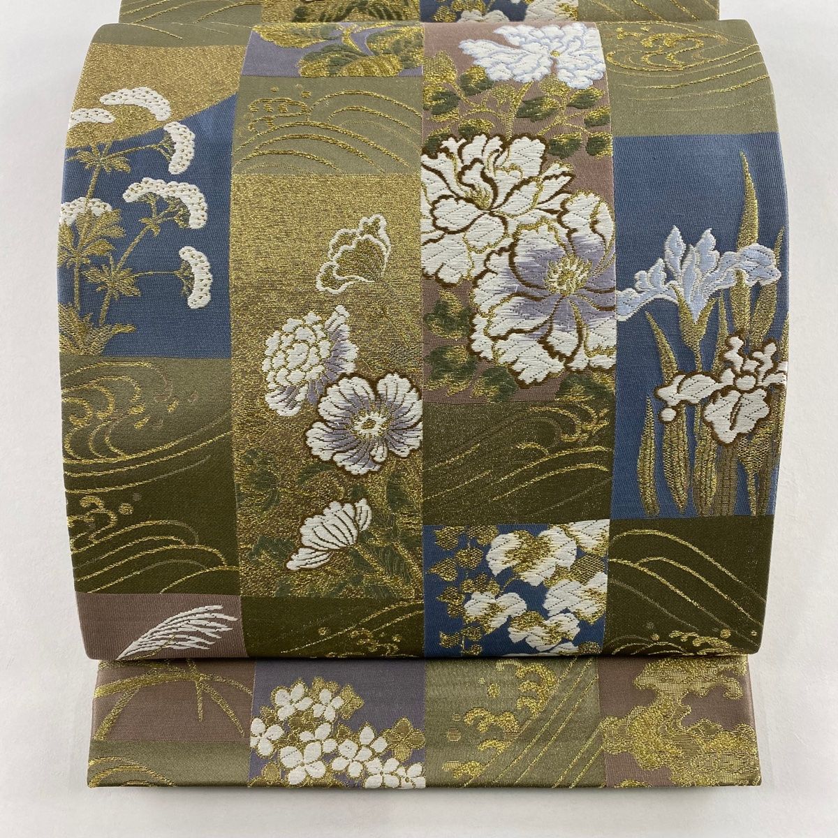 袋帯 秀品 草花 波 金糸 唐織 茶緑色 六通 正絹