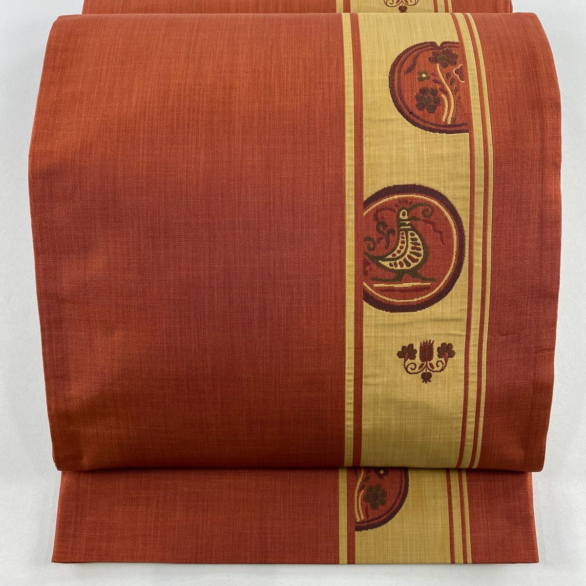 袋帯 秀品 木屋太 落款 鳥 草花 赤茶 六通 正絹