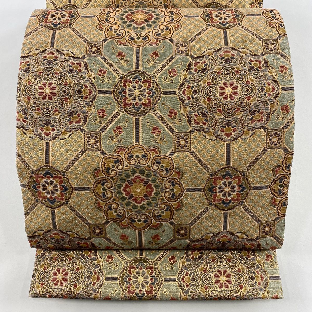 袋帯 秀品 華文 草花 箔 灰緑 六通 正絹