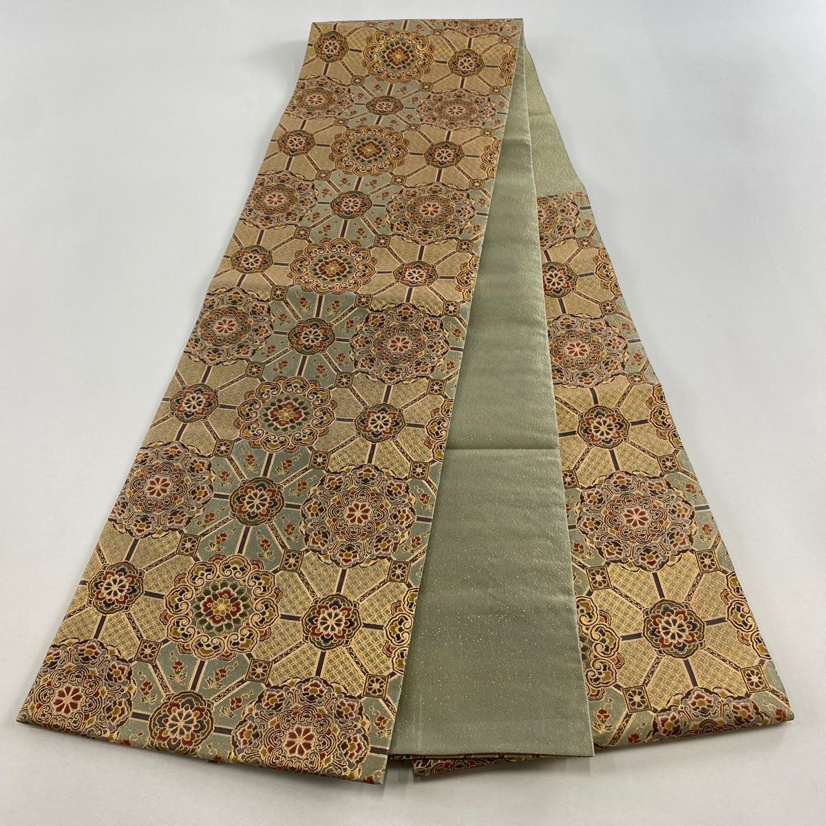  袋帯 秀品 華文 草花 箔 灰緑 六通 正絹 袋帯 帯