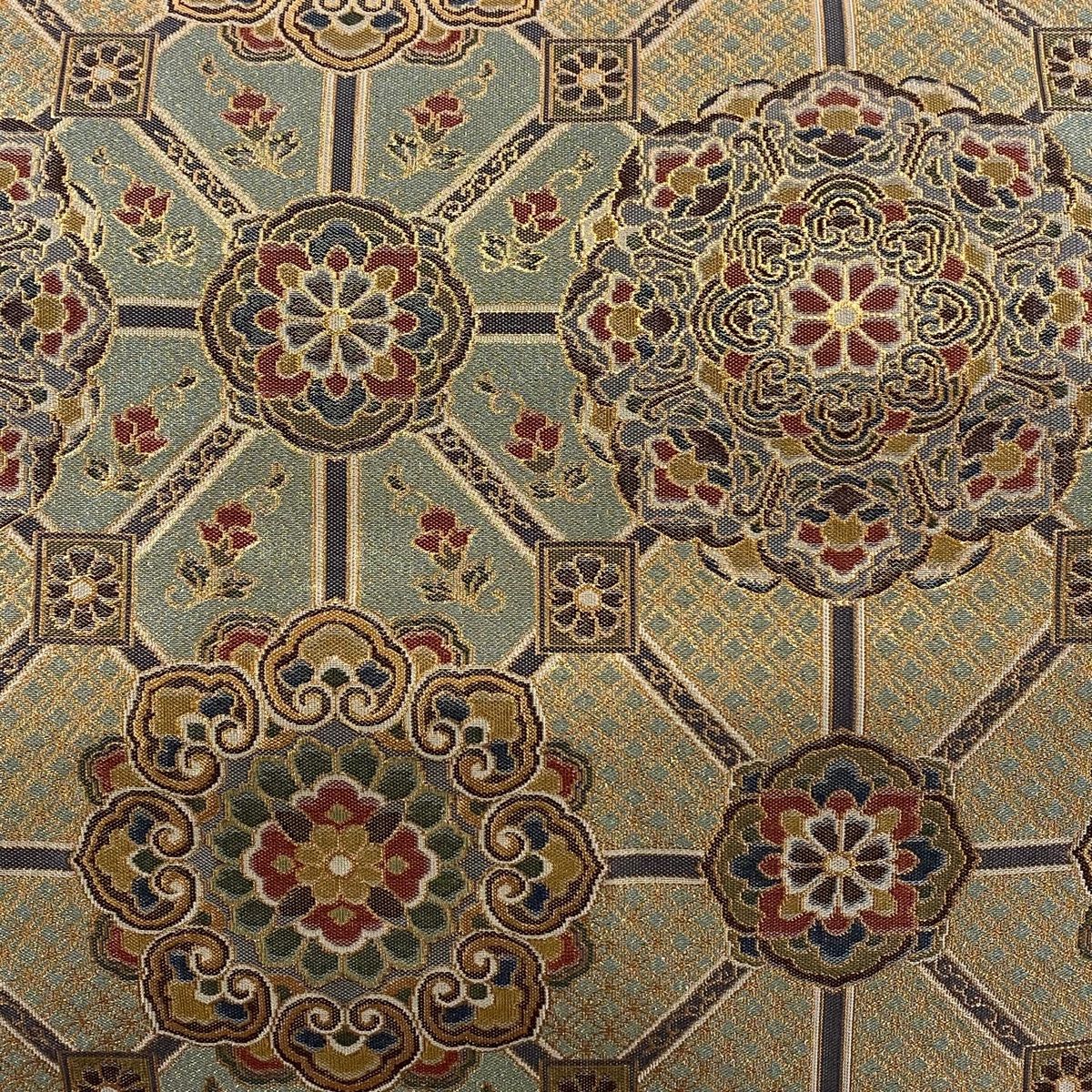 袋帯 秀品 華文 草花 箔 灰緑 六通 正絹