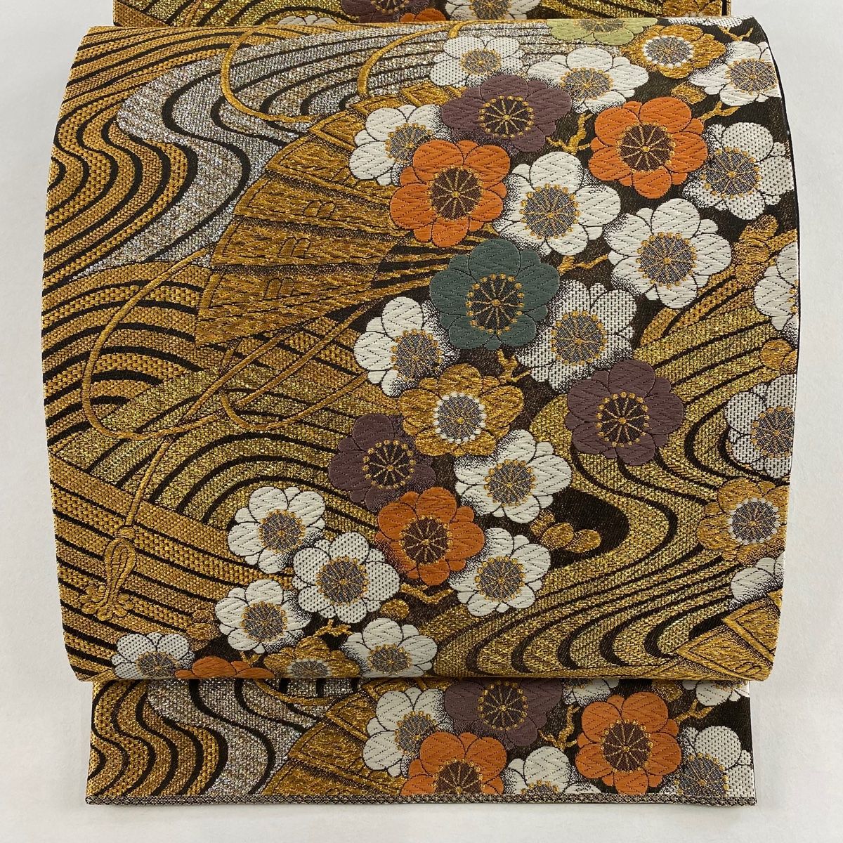 袋帯 秀品 梅 桧扇 金糸 箔 金色 六通 正絹
