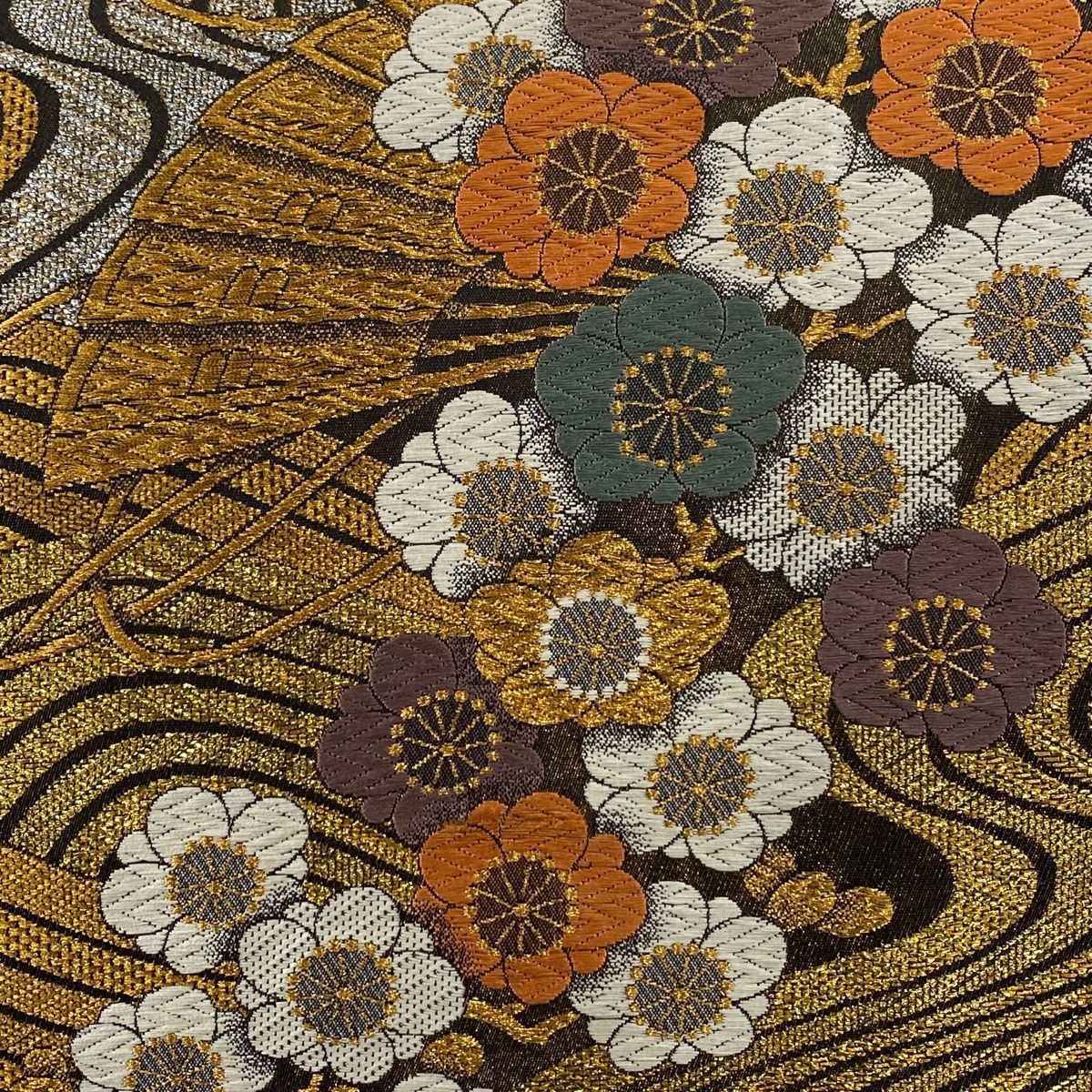 袋帯 秀品 梅 桧扇 金糸 箔 金色 六通 正絹