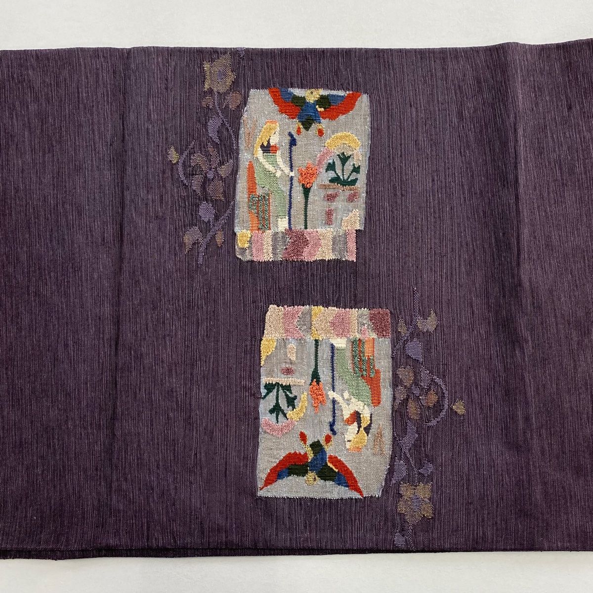  袋帯 秀品 コプト柄 花唐草 金糸 刺繍 紫 お太鼓柄 正絹 袋帯 帯