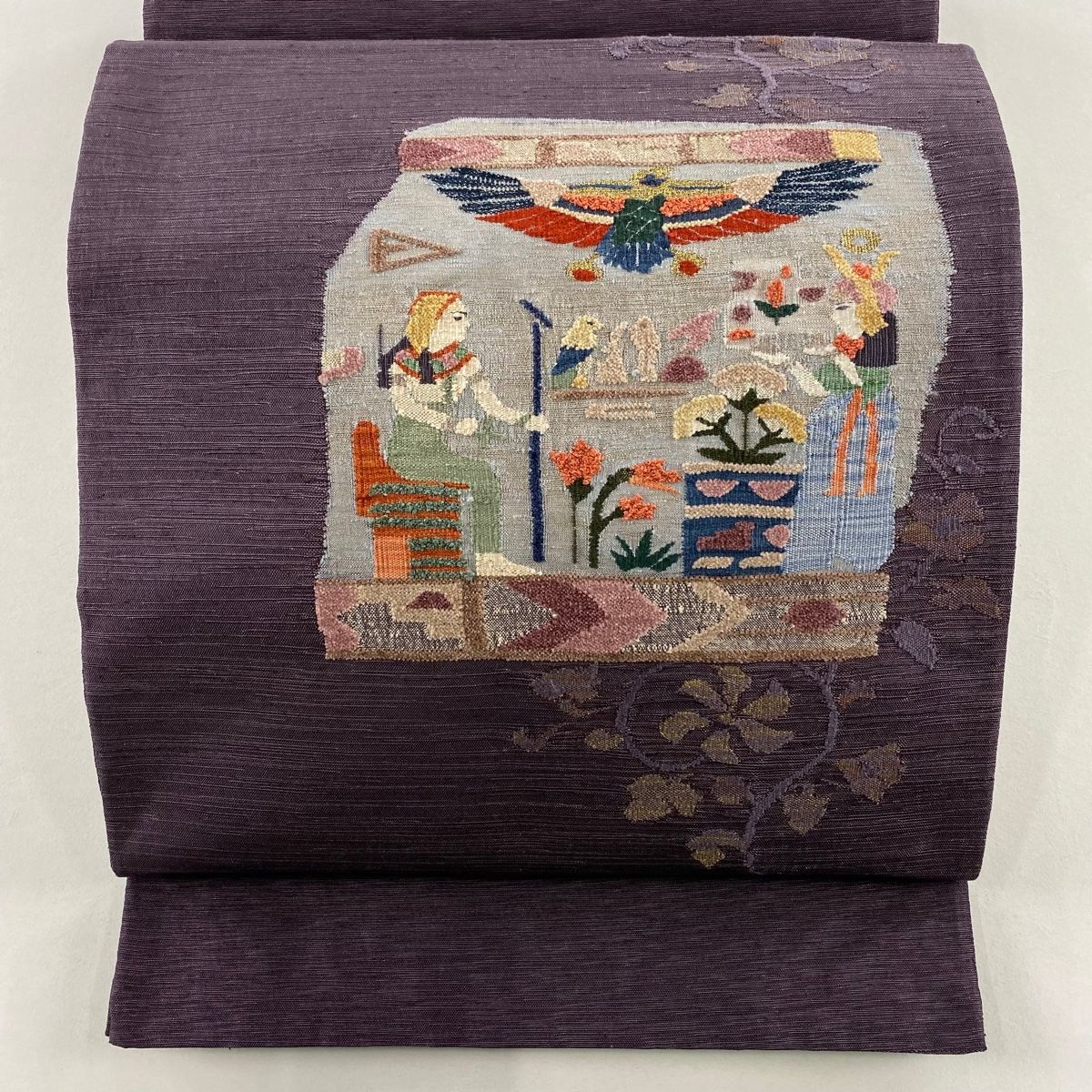 袋帯 秀品 コプト柄 花唐草 金糸 刺繍 紫 お太鼓柄 正絹
