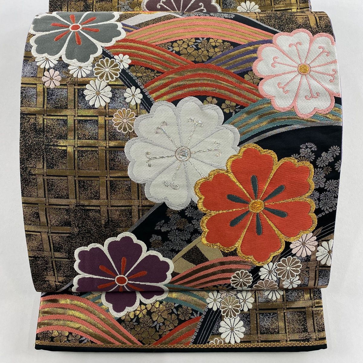 袋帯 秀品 花柄 波 金銀糸 箔 金色 六通 正絹