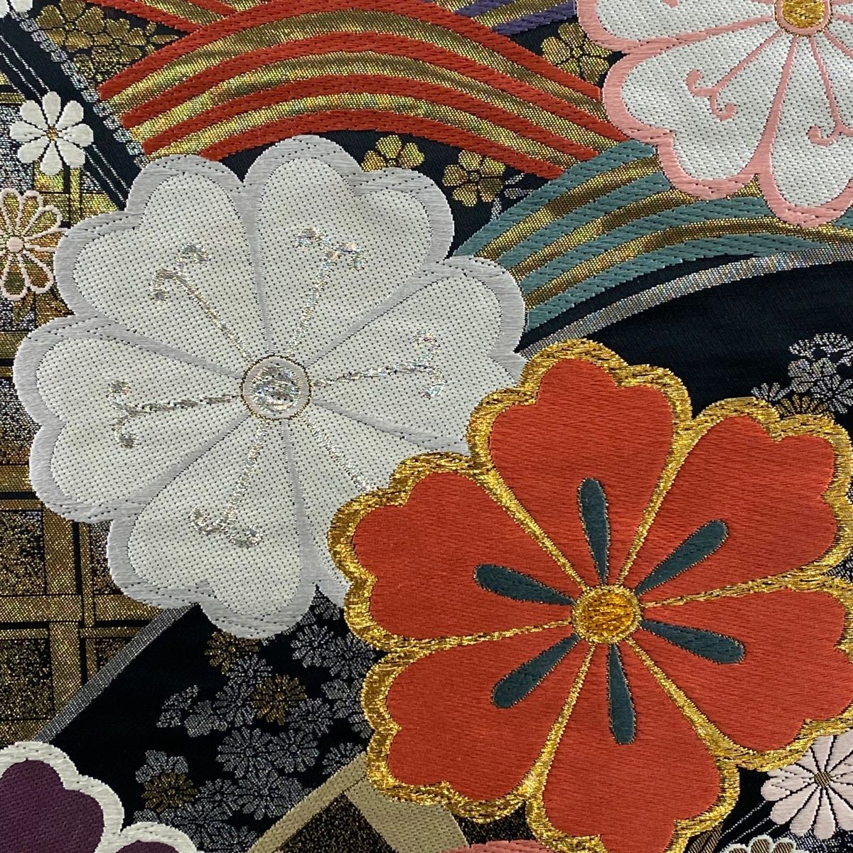 袋帯 秀品 花柄 波 金銀糸 箔 金色 六通 正絹